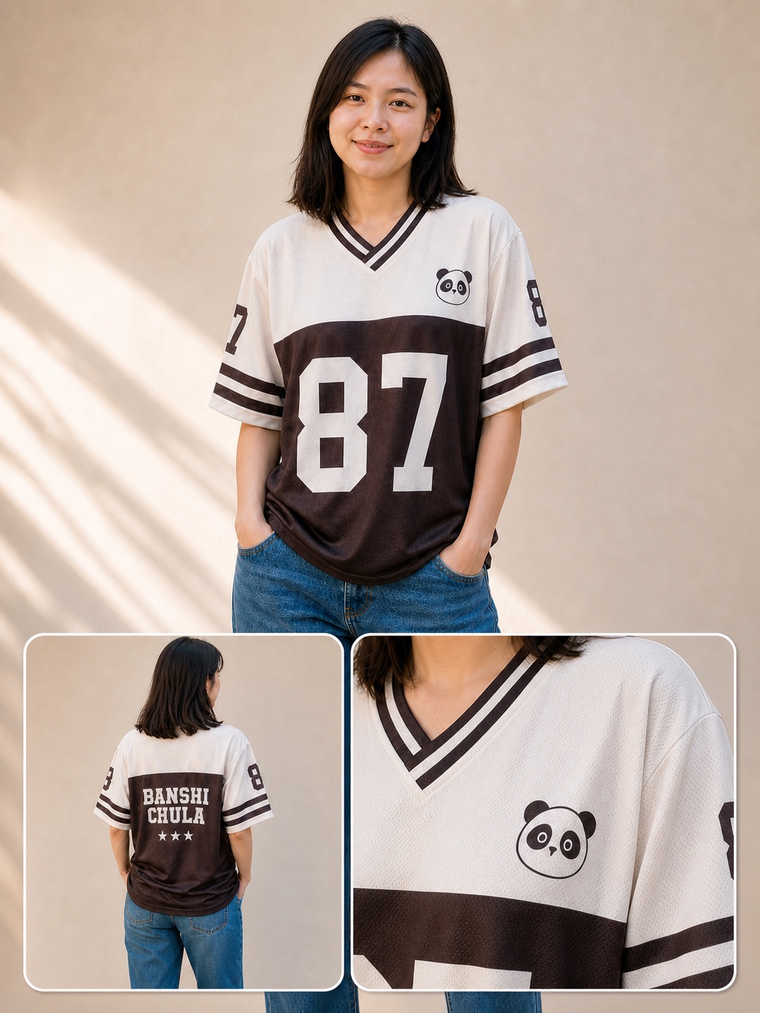 ผลงานเสื้อกีฬา Banshi Chula บนนางแบบผู้หญิง แสดงด้านหน้า ด้านหลัง และรายละเอียดงานพิมพ์
