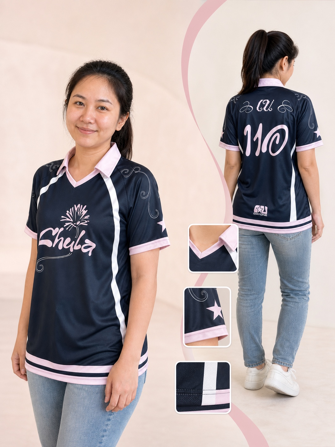 ผลงานเสื้อกิจกรรม Chula หมายเลข 110 บนนางแบบผู้หญิง แสดงด้านหน้า ด้านหลัง และรายละเอียดงานพิมพ์
