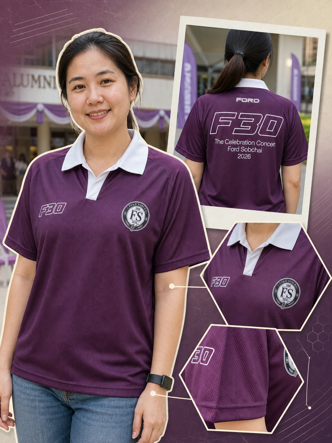 ผลงานเสื้อโปโล F30 Ford Sobchai บนนางแบบผู้หญิง แสดงด้านหน้า ด้านหลัง ตราสัญลักษณ์และรายละเอียดเนื้อผ้า