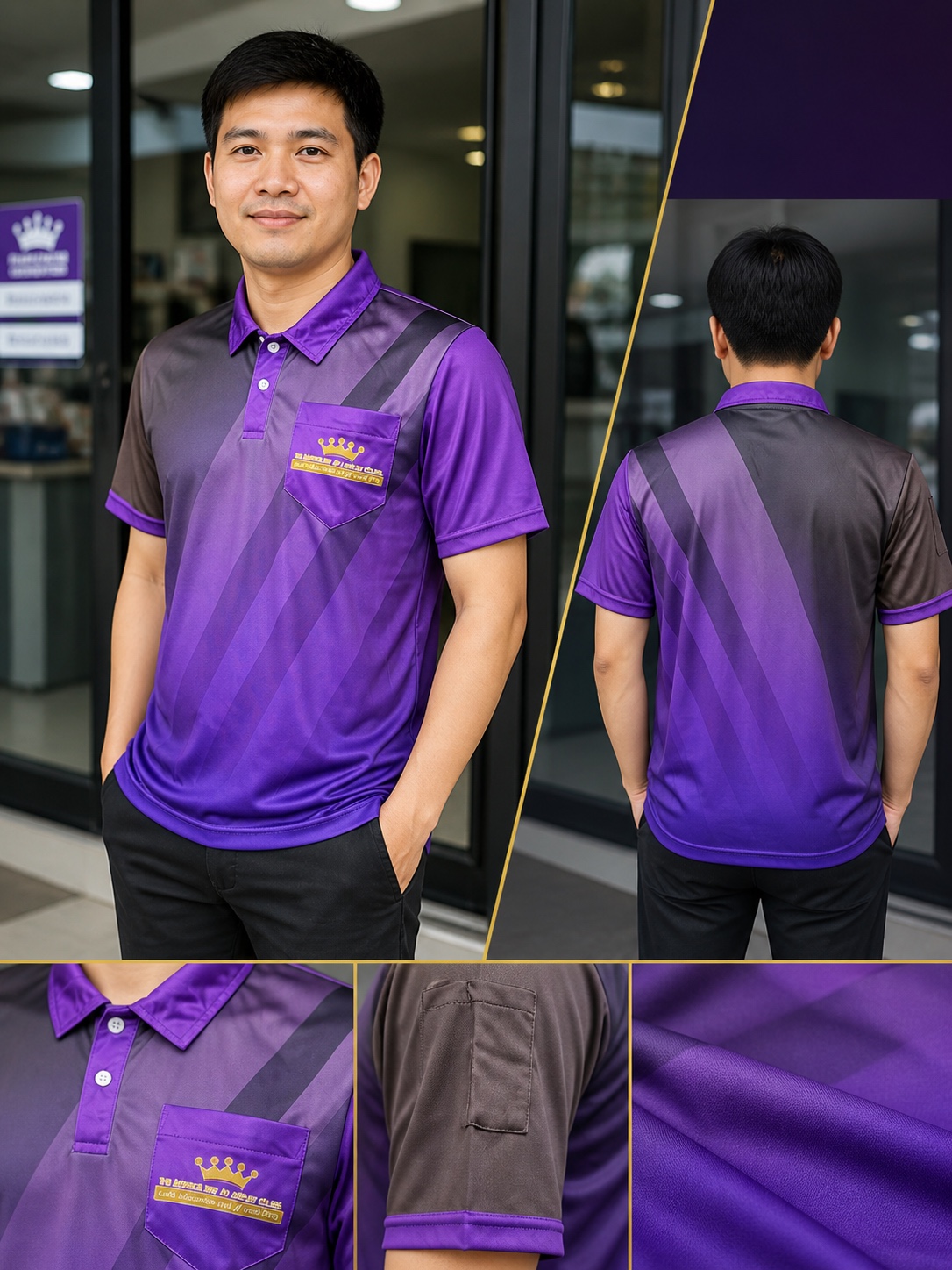 ผลงานเสื้อโปโลพนักงานสีม่วง แสดงด้านหน้า ด้านหลัง กระเป๋าอก กระเป๋าแขน และรายละเอียดเนื้อผ้า