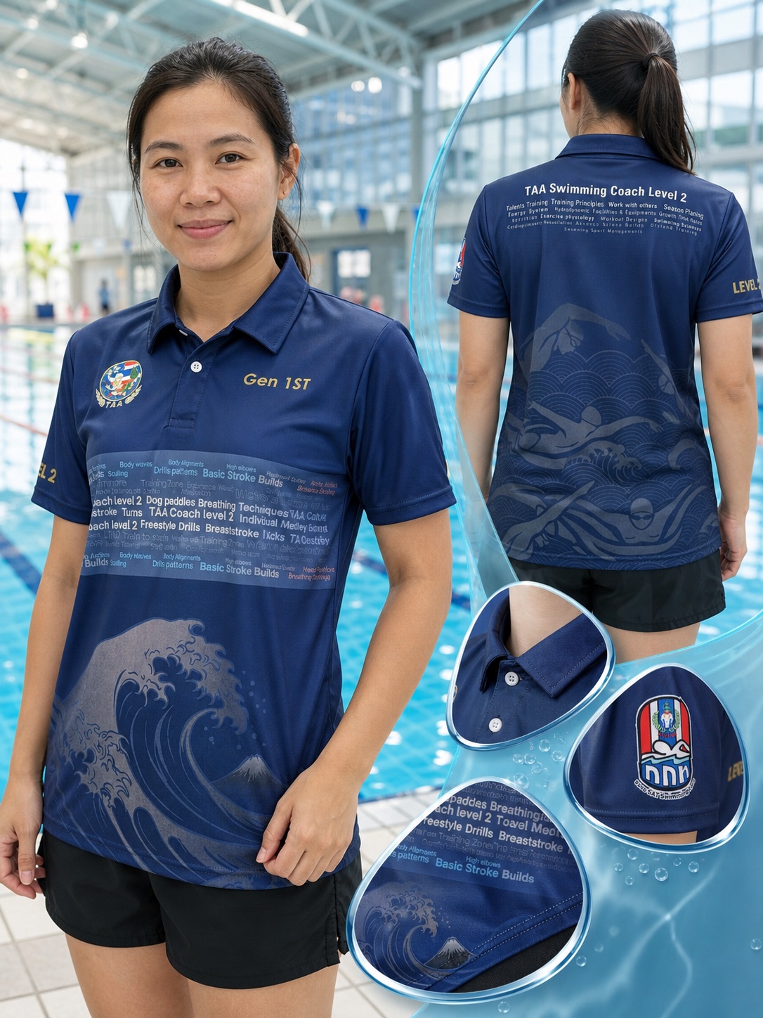 ผลงานเสื้อโปโล TAA Swimming Coach Level 2 บนนางแบบผู้หญิง แสดงด้านหน้า ด้านหลัง โลโก้แขนและรายละเอียดงานพิมพ์
