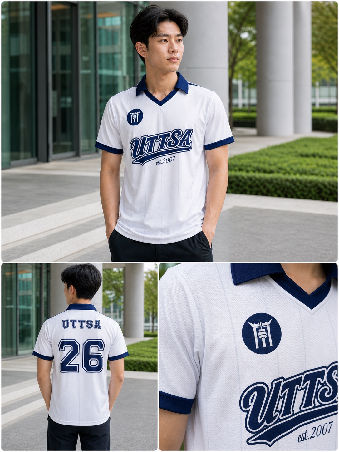 ผลงานเสื้อกีฬา UTTSA แสดงด้านหน้า ด้านหลังหมายเลข 26 และรายละเอียดงานพิมพ์